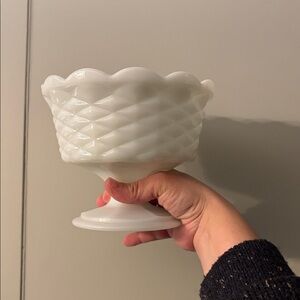 Rare vintage Milk Glass Pedestal Compote - Scalloped Rim 1940s